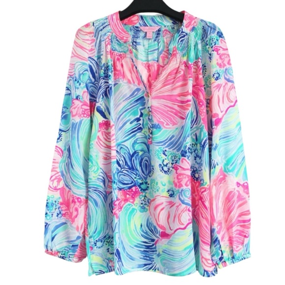 LILLY PULITZER 100% Silk Elsa Blouse in “Beach Please” Size Large — SO PRETTY!!! - Picture 5 of 8